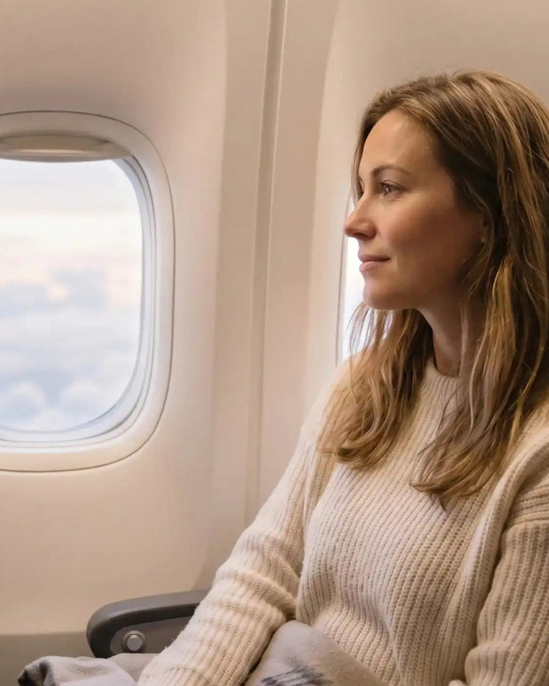 Woman in a beige sweater sits on an airplane seat, looking out a round window at clouds.