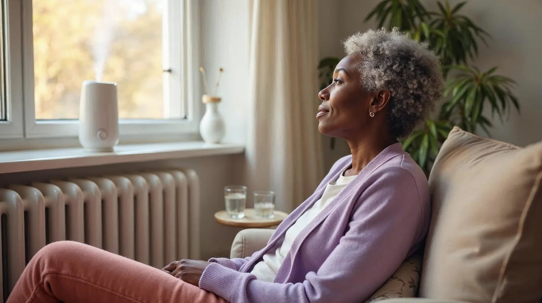 Woman in a lilac cardigan relaxing on a sofa beside a radiator, with a humidifier misting on the windowsill