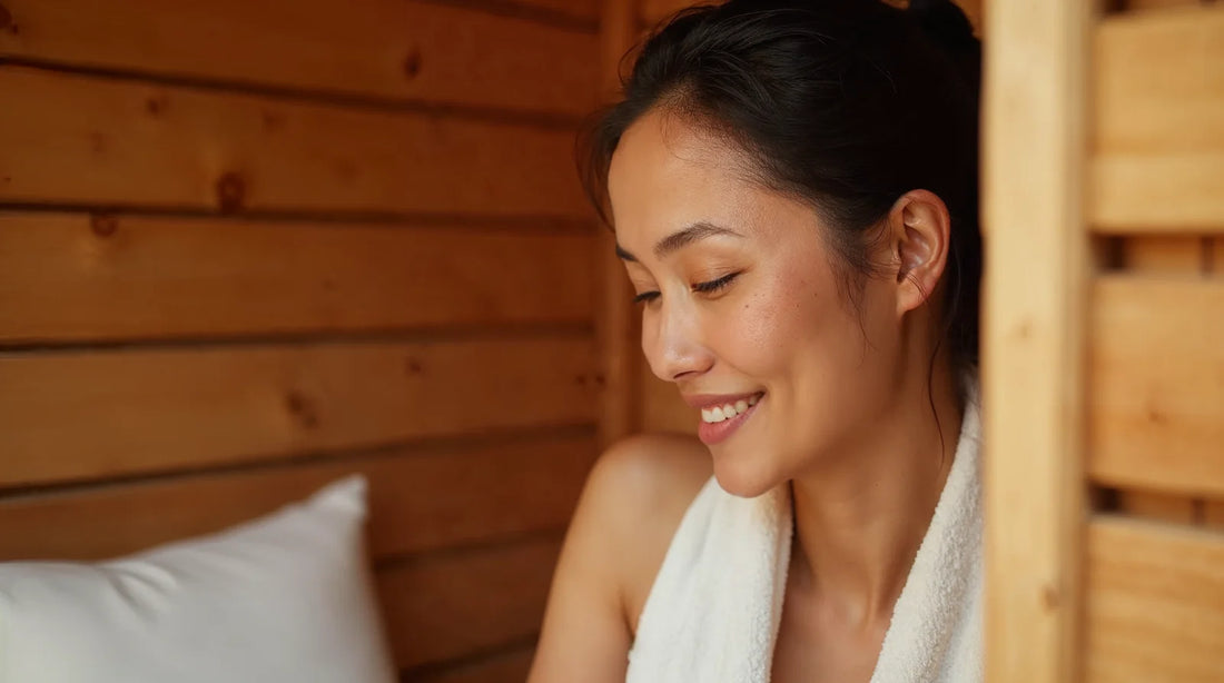 Smiling woman with a towel around her shoulders inside a wooden sauna, skin dewy