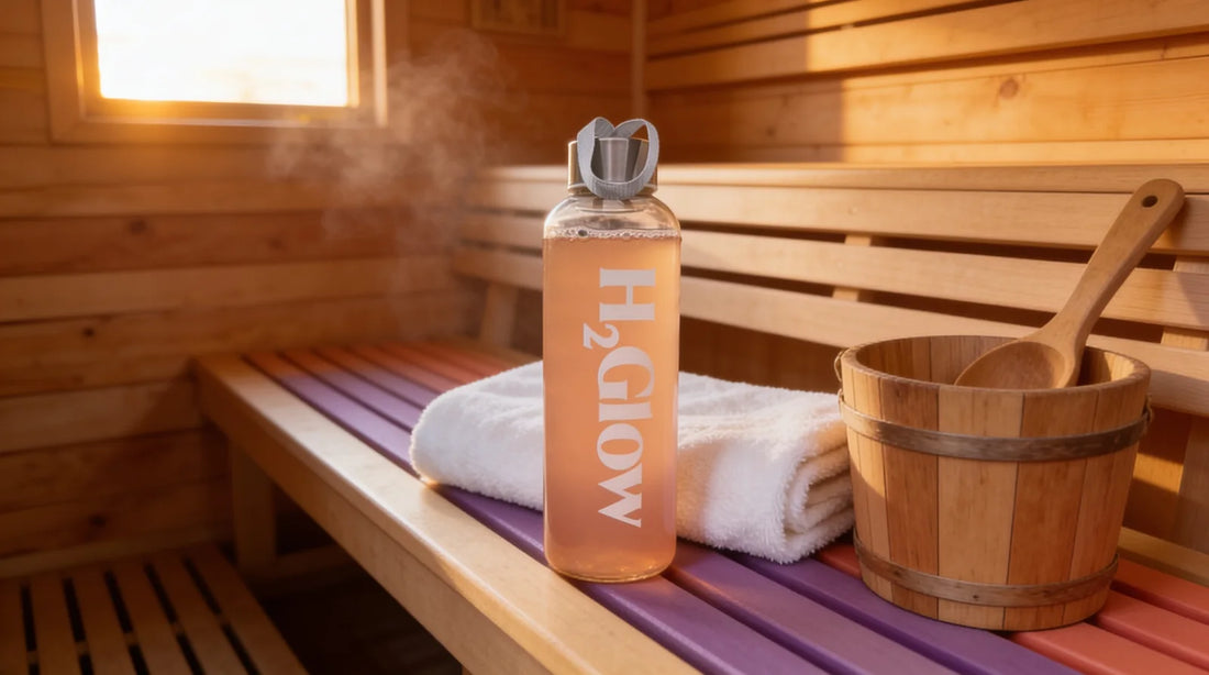 H2Glow water bottle on a cedar sauna bench beside a folded towel and a wooden bucket and ladle
