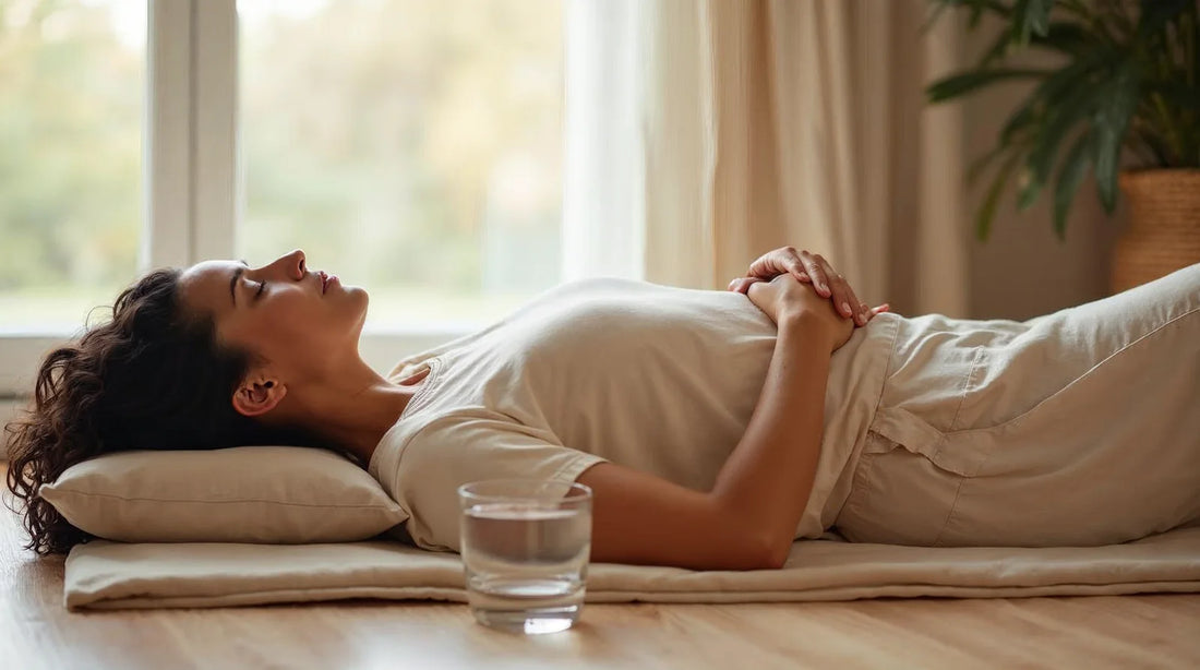 Woman lying on her back on a padded mat on a sunlit floor, eyes closed, a glass of water beside her