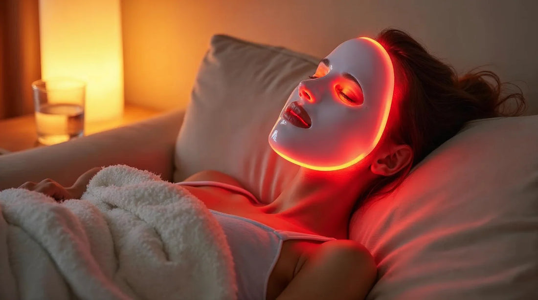 Woman reclining on a sofa wearing an LED face mask glowing red