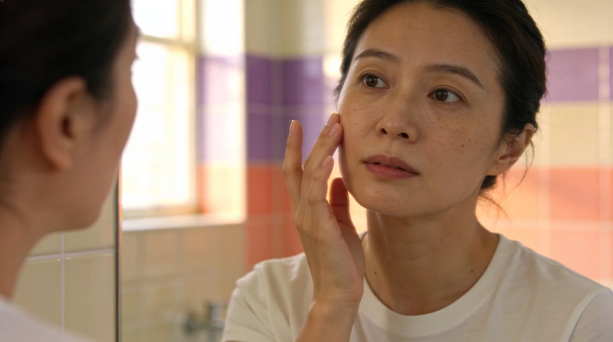 Woman touching her cheek and studying her skin in a bathroom mirror