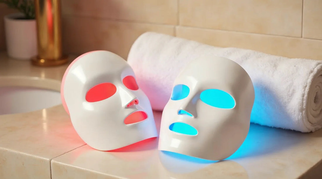 Two LED face masks side by side on a vanity, one glowing red and one glowing blue