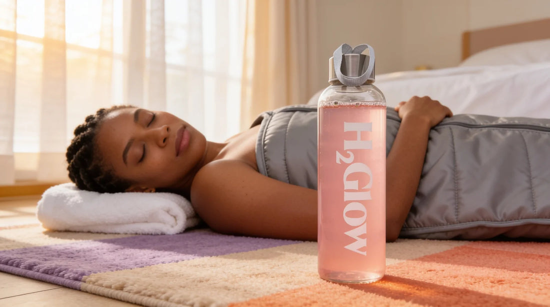 Woman lying in a grey sauna blanket on a bedroom rug with an H2Glow water bottle beside her