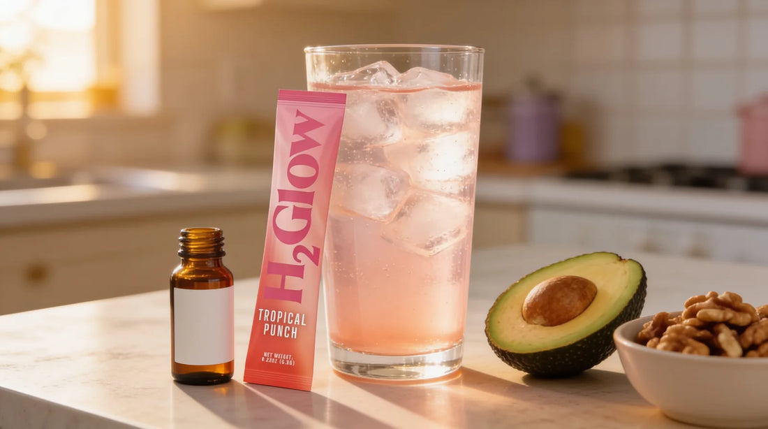 H2Glow Tropical Punch stick pack leaning against a glass of pink drink on a kitchen counter, beside a supplement bottle, avocado and walnuts