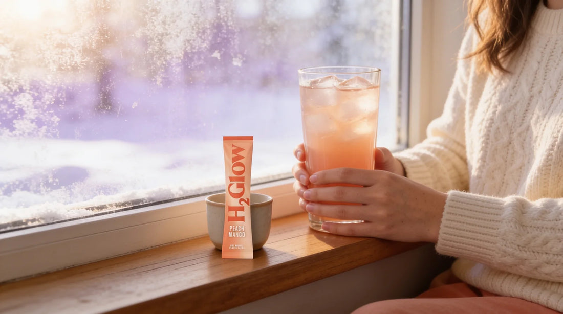 Woman in a cream knit sweater by a frosted winter window holding a glass of peach drink, with an H2Glow Peach Mango stick pack on the windowsill