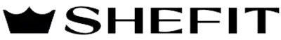 SHEFIT logo with a stylized crown-like emblem above bold outlined letters on a black background.