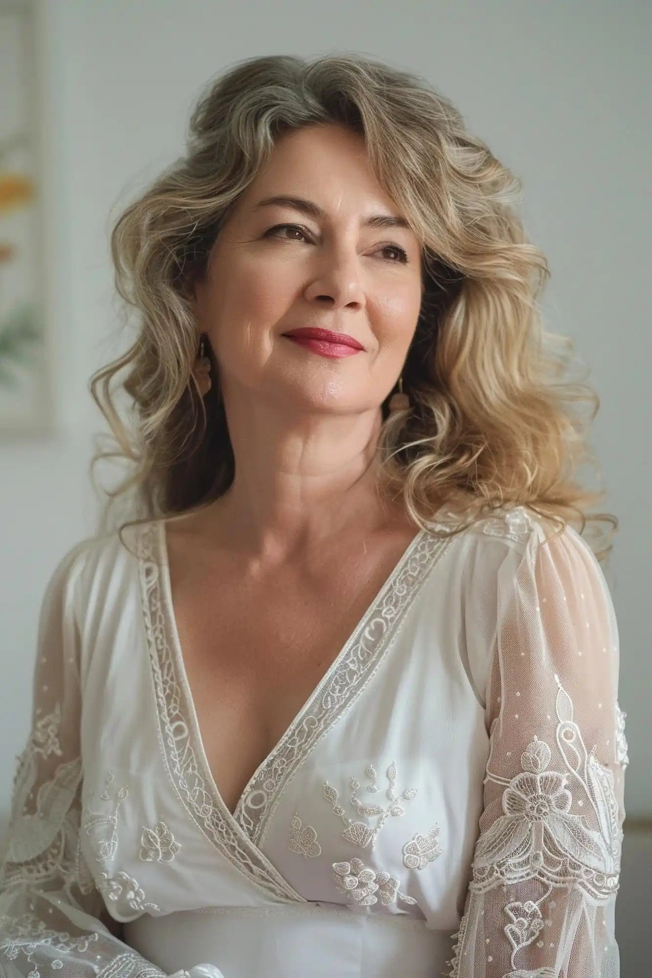 Woman with wavy blonde hair and red lipstick, wearing a sheer embroidered white blouse, softly lit.