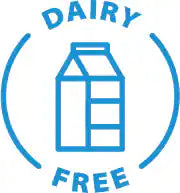 Dairy free logo with a blue milk carton icon inside a circular badge with the words DAIRY FREE.