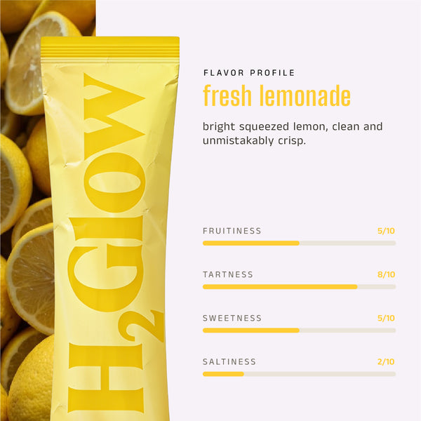 Yellow lemonade pouch with lemon slices and flavor profile text on a white background