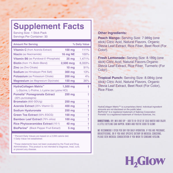 Beauty Hydration Electrolyte Drink Mix by H2Glow with HydraCollagen and hyaluronic acid, single stick pack