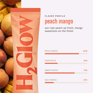 Peach mango pouch with bold red lettering and fruit profile bars on a light background