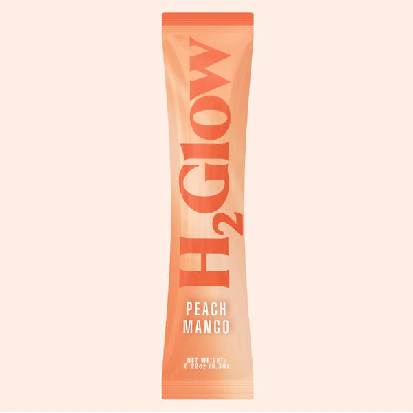 Peach Mango product tube with orange graphics and text, showing net weight 0.220z (6.3g).