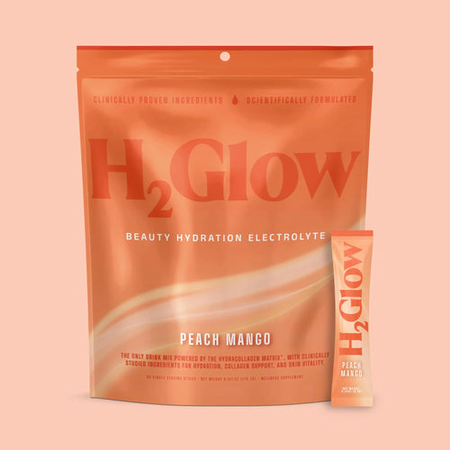 Bright orange H2Glow electrolyte drink variety pack in peach mango flavor, shown with single serving sticks.