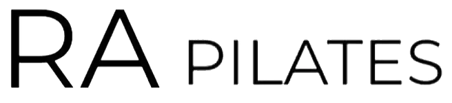 RA PILATES text logo in bold black letters with transparent gray background and thin outline.
