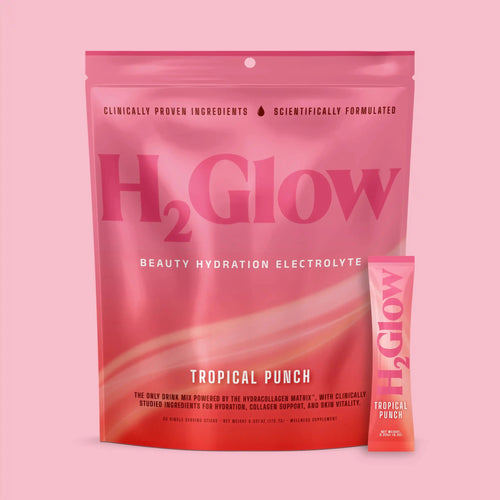 H2Glow H2Glow beauty hydration electrolyte drink mix pink Tropical Punch sachets shown