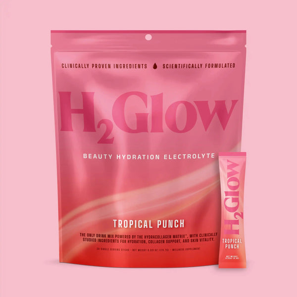 H2Glow H2Glow beauty hydration electrolyte drink mix pink Tropical Punch sachets shown