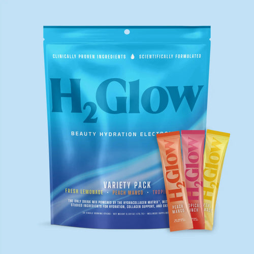 H2Glow H2Glow hydration drink mix variety pack in blue with peach mango, fresh lemonade, tropical punch