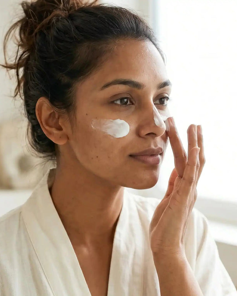 Woman in a white robe applies skincare cream under one eye with her fingers, smiling softly in bright room.