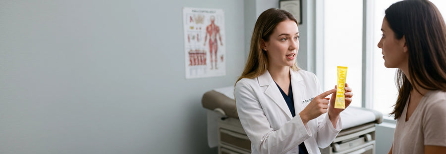 Doctor in a white coat holds a yellow skincare tube while speaking to another woman in a clinic room