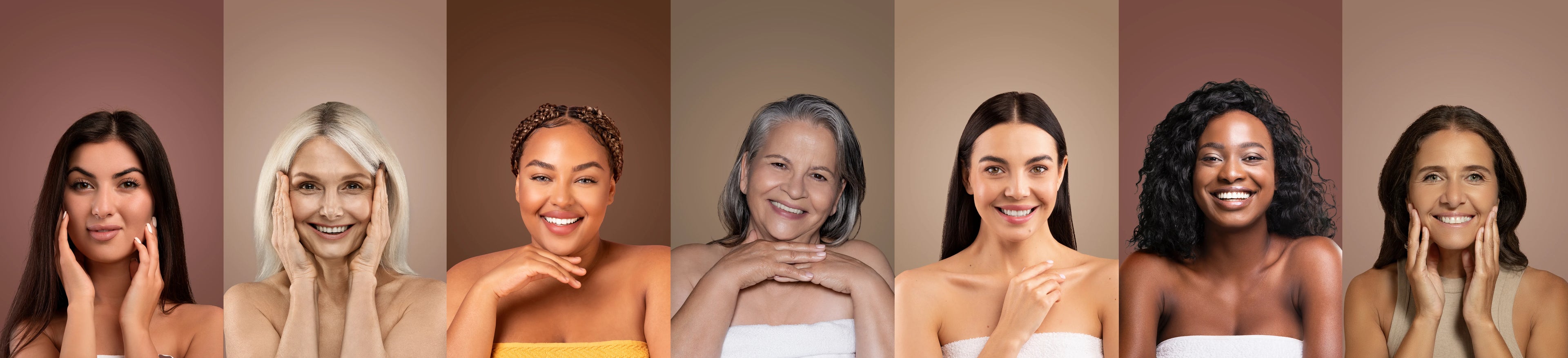 A set of smiling women portraits in a horizontal collage, each with different hair color against warm backgrounds.