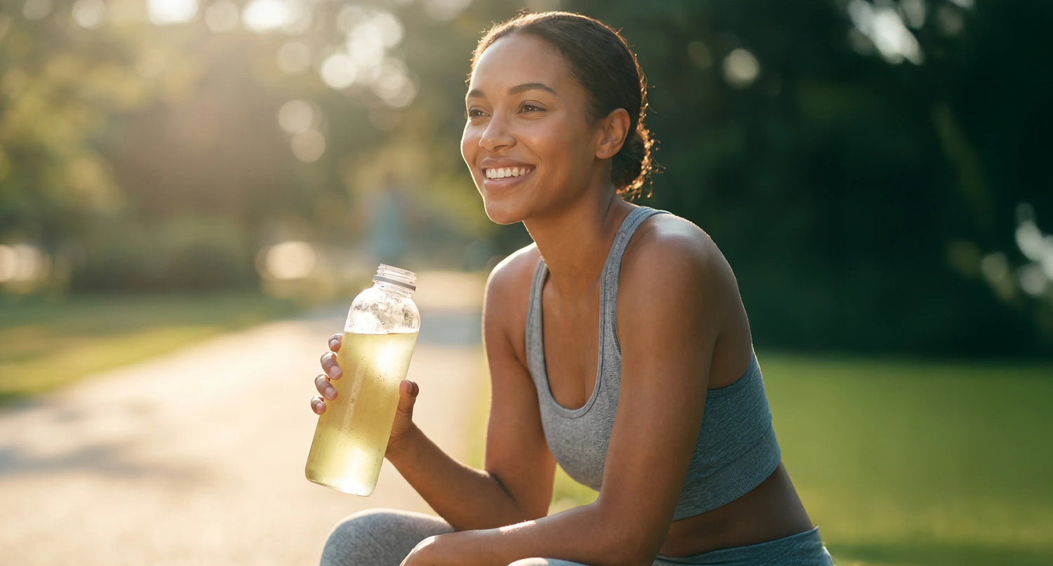 Woman smiling outdoors while holding a clear plastic bottle with yellow drink, against a sunlit path.