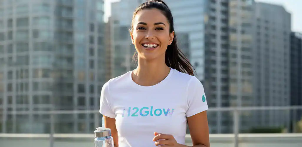 Smiling woman in white 'H2Glow' T-shirt holds a clear water bottle on a city balcony