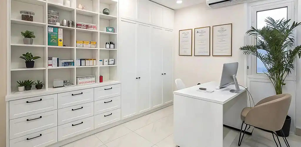 Clean home office with white built-in shelving, framed certificates, desk with laptop, and potted plants.