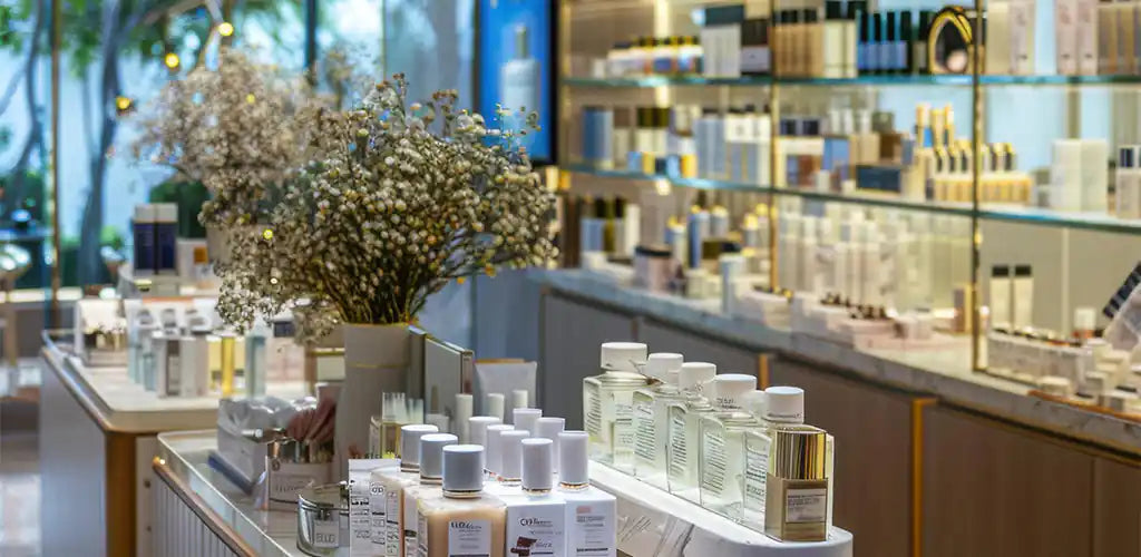 Cosmetics display counter with rows of white bottles and a small potted tree in a store