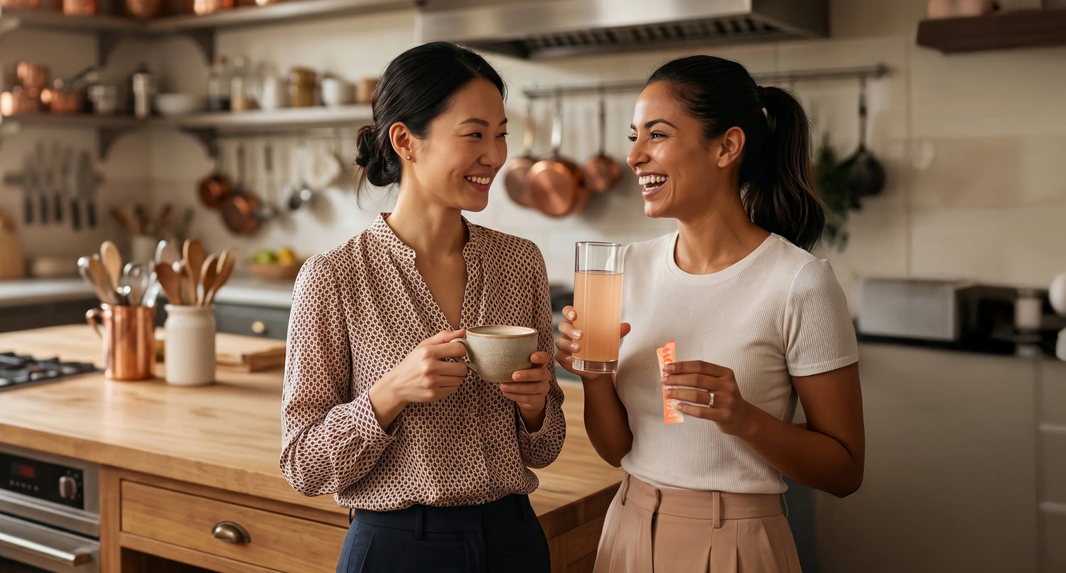 Two women in a home kitchen smile while holding mugs and a glass of iced drink, warm cafe-style lighting.