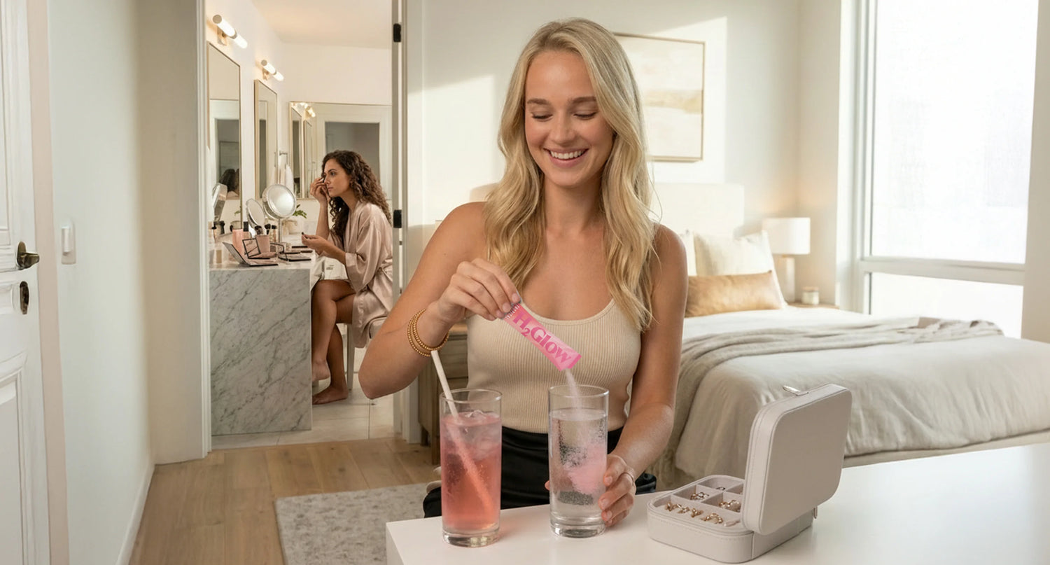 Woman pours drink powder from a pink packet into a glass, smiling beside two clear cups at a bed.