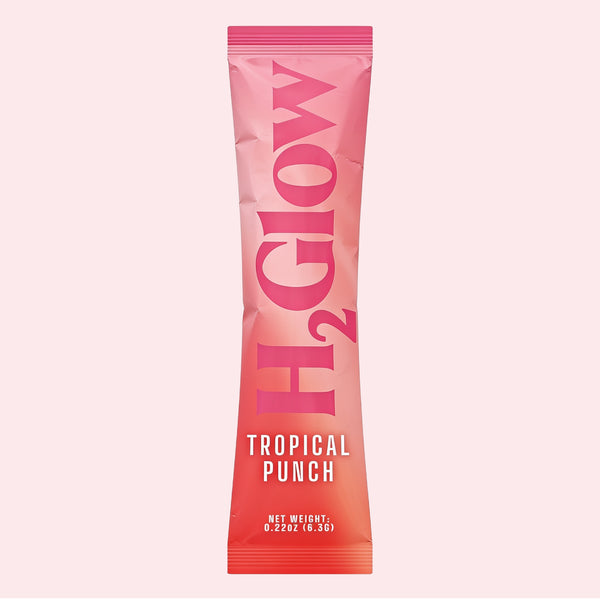 Pink-red stick pack with bold letters forming Tropical Punch and net weight text at the bottom.